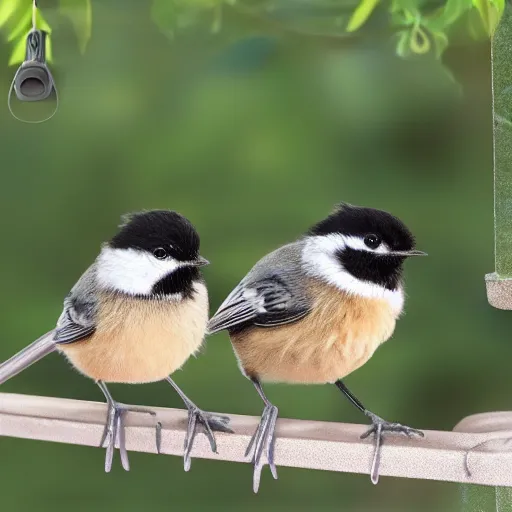 Image similar to three chickadees on a telephone wire, high quality, realistic, photograph, nature