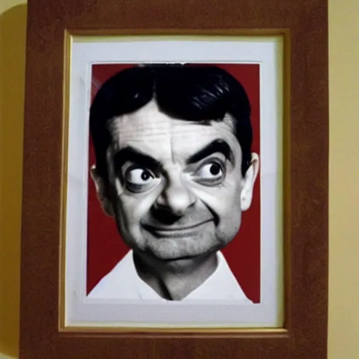 Prompt: photo of mr. bean made out of baked beans