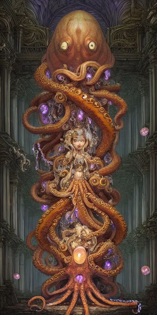 Image similar to high ranked mage with big octopus head and a lot of translucent jellyfishes floating around inside an ancient mage castle hall colossal scale, gothic and baroque, brutalist architecture, ultradetailed, Intricate by Ellen Jewett and Josan Gonzalez and Giuseppe Arcimboldo