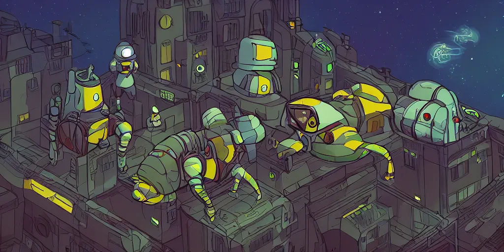 Image similar to mutant pet shop space slug astronaut robot squad. on the urban neogeorgian rooftops at night. low angle. artstation, by tim jacobus.