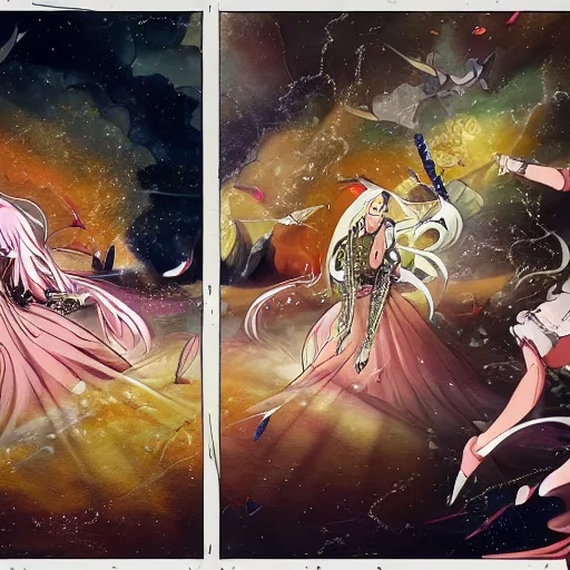 Image similar to a scene of two beautiful queens fighting over the throne, detailed anime art