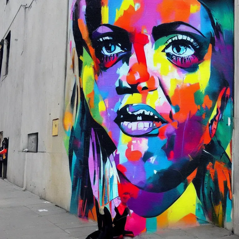 Prompt: Street-art painting of a silhouette of a beautiful woman in style of Eduardo Kobra, photorealism