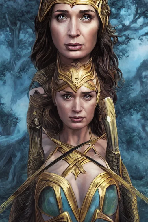 Prompt: A fantasy comic book style portrait painting of, hybrid of Gal Gadot, Emily Blunt, as an Atlantean, Reptilian Warrior, Mystical Valkyrie, Armor, Sword, Archer Bow, Spear, Sheild, François Boucher, Oil Painting, unreal 5, DAZ, hyperrealistic, octane render, Regal, Refined, Coherent, Detailed Digital Art, RPG portrait, William-Adolphe Bouguereau, Michael Cheval, Walt Disney (1937), Steampunk, dynamic lighting, Highly Detailed, Cinematic Lighting, Unreal Engine, 8k, HD