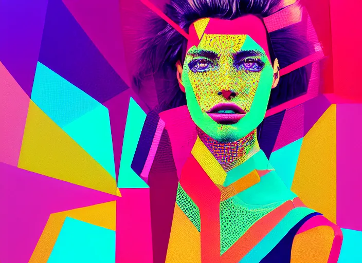 Prompt: portrait of a fashion model, exuberant geometric glitch style, colorful, dynamic pose, beautiful realistic face, octane render, vray, detailed, wide angle, halftoned, editorial photography, matte print, grainy light, ( ( dither ) ), risograph, high contrast, screen print, rich grainy texture