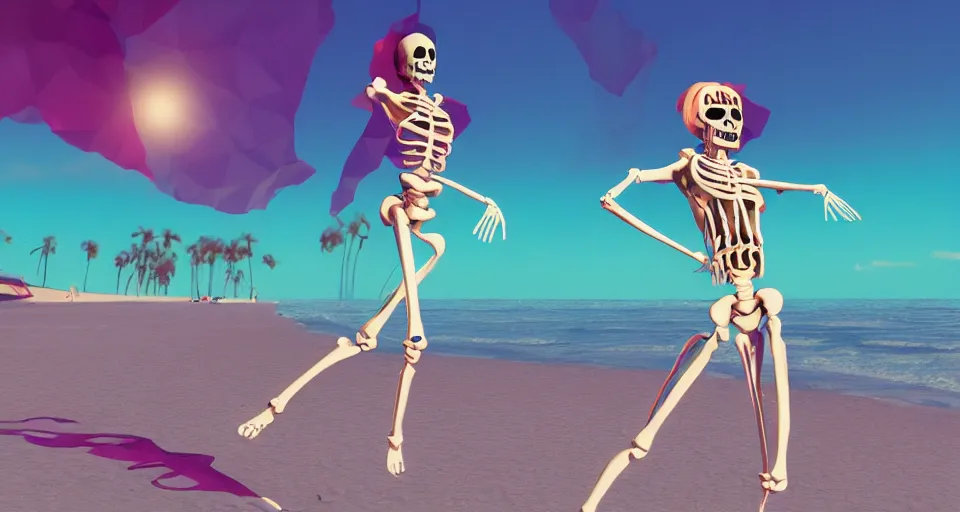 Prompt: fullbody vaporwave art of a fashionable skeleton girl at a beach, early 90s cg, 3d render, 80s outrun, low poly, from Hotline Miami