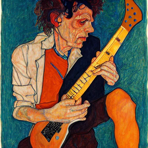 Image similar to portrait of keith richards by egon schiele in the style of greg rutkowski