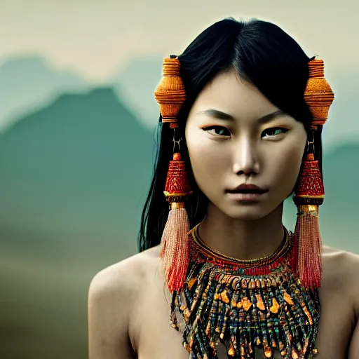 Prompt: portrait of a stunningly beautiful asian tribal female, depth of field, zeiss lens, detailed, symmetrical, centered, fashion photoshoot, by annie leibovitz and steve mccurry, david lazar, jimmy nelsson, breathtaking, 8 k resolution, extremely detailed, beautiful, establishing shot, artistic, hyperrealistic, beautiful face, octane render