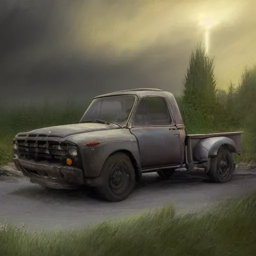 Prompt: a beautiful detailed realistic pick - up truck in a serene landscape with an eerie dark magic lightning portal to another dimension, by john howe and alexander skold and andreas rocha. vray, raytracing, detailed lighting, volumetric lighting, cinematic lighting, very wide shot, f 8