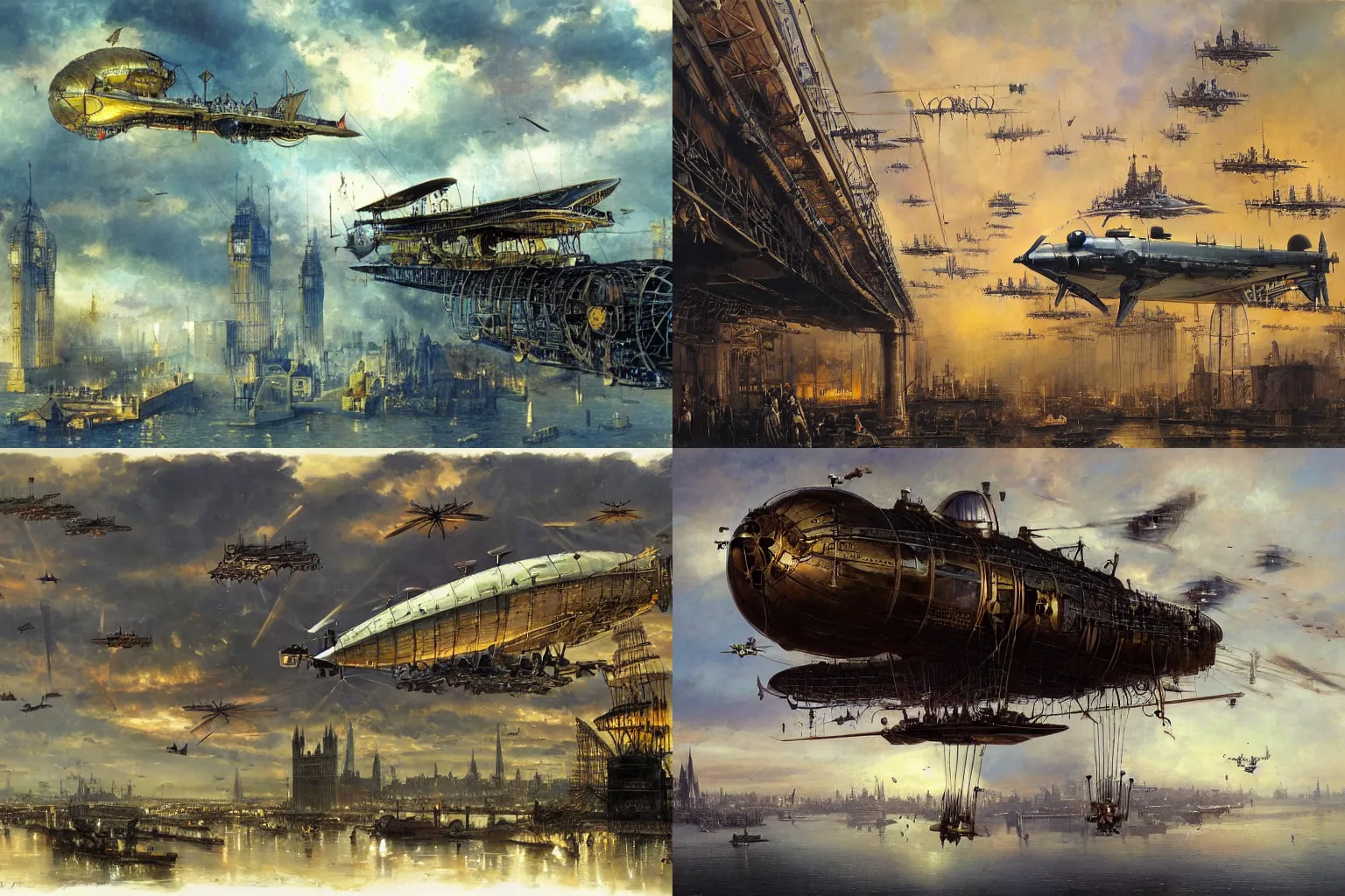 Prompt: steampunk military airship, bat wings, fins, sails, propellers, gondola, portals, flying over London, industrial revolution, by John Berkey
