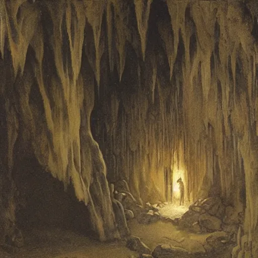 Prompt: a dark dank cave with stalactites hanging from the ceiling, painting by carl gustav carus