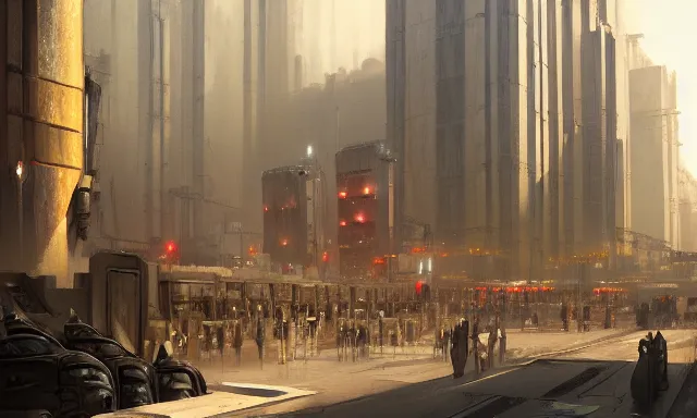 Prompt: A sci-fi digital concept art painting of a street-level view of an art deco city, by greg rutkowski, trending on artstation, highly detailed, matte painting