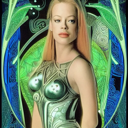Image similar to young Jeri Ryan in the role of Seven of Nine the Borg from star trek, art nouveau, amazing details, intricate details, beautiful ,insane details , tarot card, black paper, neon green, fractal system circuit , in the style of Alphonse Mucha,