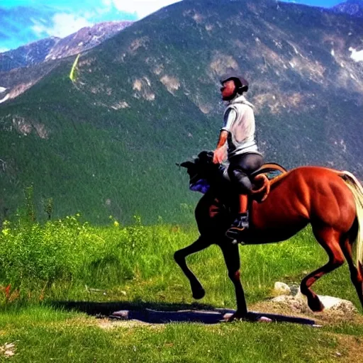 Prompt: horse on bicycle, cycling!!, anthropomorphic, in the mountains