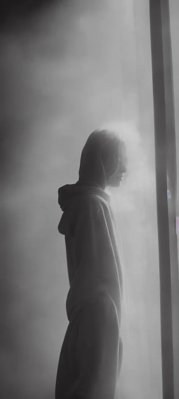 Image similar to very very beautiful photograph of emily skinner looking like annie leonhart in a hoodie standing next to a window god rays shining on her from the sunlight, volumetric fog, smoke, depth of field, beautiful composition, very very very beautifull face, on artstation and instagram, ray tracing