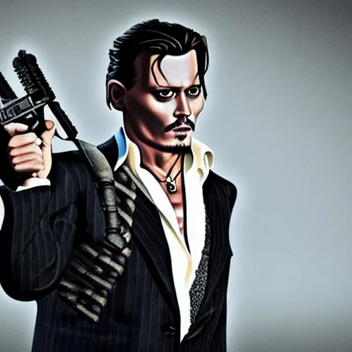 Image similar to johnny depp as James Bond, action scene, cinematic