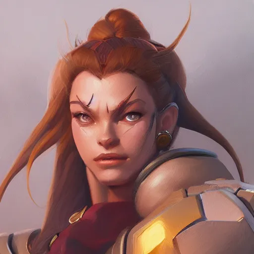 Image similar to very detailed masterpiece painting of brigitte from overwatch in a workshop, closeup, portrait, artstation, concept art by greg rutkowski