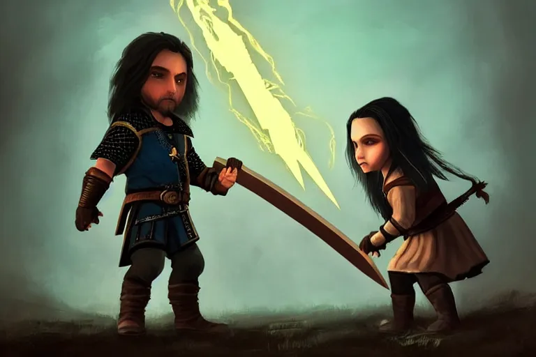 Prompt: Little Geralt and little Yennefer play together with wooden sword, Yennefer using magic spell, digital art by greg rutkowsky, masterpiece, balanced colors HD, artstation, volumetric lightning