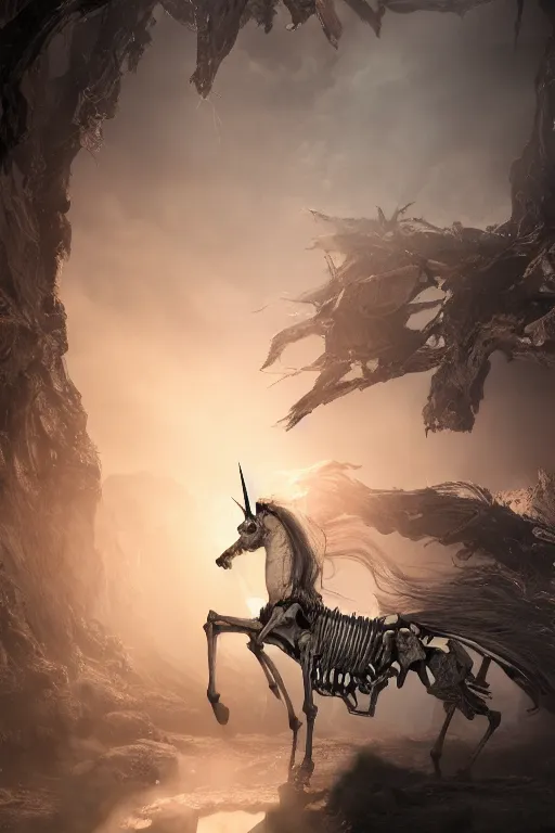 Image similar to A unicorn skeleton, dramatic lighting, cinematic, establishing shot, extremely high detail, foto realistic, cinematic lighting, post processed, concept art, high details, cinematic, 8k resolution, beautiful detailed, photorealistic, digital painting, artstation, concept art, smooth, sharp focus, artstation trending, octane render, unreal engine