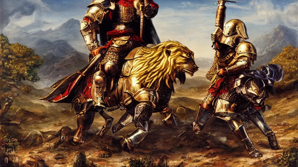 Image similar to fully armored knight wielding an automatic weapon fighting a lion in a medieval setting, painted by bob ross