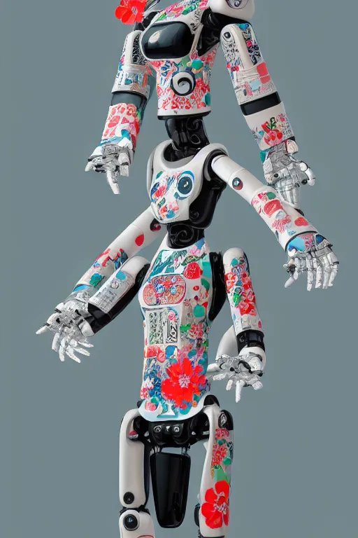 Prompt: full body portrait of a japanese robot geisha with kanji tattoos and decals wearing a digital pixelated kimono, intricate design, photorealistic, octane render, raytraced, ultra fine detailed, character design, trending on artstation