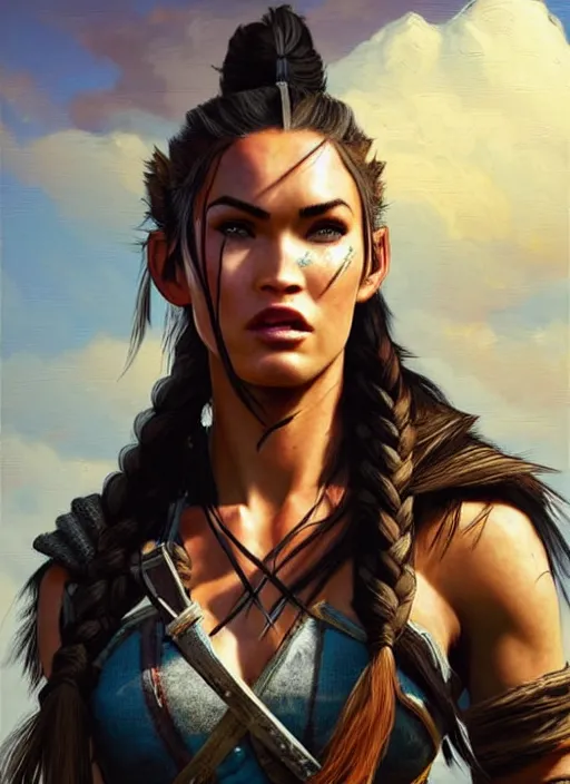 Prompt: megan fox appearance with black braided hair as aloy from horizon zero dawn in the style of assassins creed, countryside, calm, fantasy character portrait, dynamic pose, above view, sunny day, thunder clouds in the sky, artwork by jeremy lipkin and giuseppe dangelico pino very coherent asymmetrical artwork, sharp edges, perfect face, simple form, 1 0 0 mm