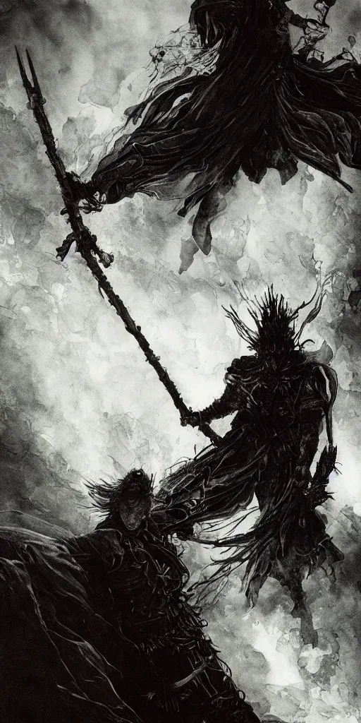 Image similar to a man with a missing an arm holding a spear made of green fire wearing a leather cloak fighting a bad guy made of black smoke, full body, dark colors, sinister atmosphere, dramatic lighting, cinematic, establishing shot, extremely high detail, photo realistic, cinematic lighting, pen and ink, intricate line drawings, by Yoshitaka Amano, Ruan Jia, Kentaro Miura, Artgerm, post processed, concept art, artstation, matte painting, style by eddie mendoza, raphael lacoste, alex ross,