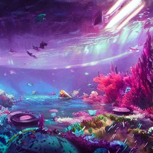 Image similar to a beautiful and vivid and colorful Grzegorz greg rutkowski watercolor and matte painting of an underwater discotheque with a disco ball and mermaids and fish and a colorful rainbow seaweed forest. trending on ArtStation