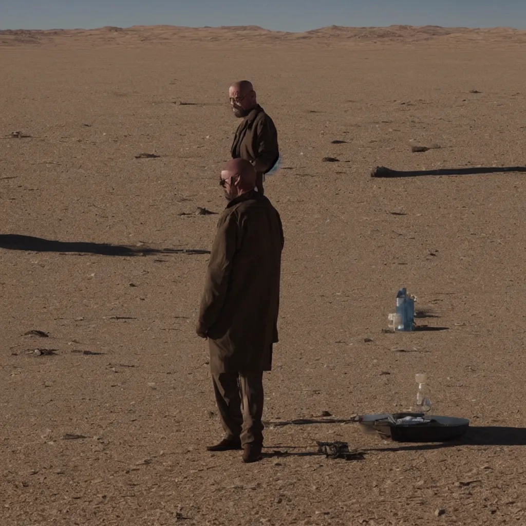 Image similar to Walter White stranded on a desert thinking what he will do next