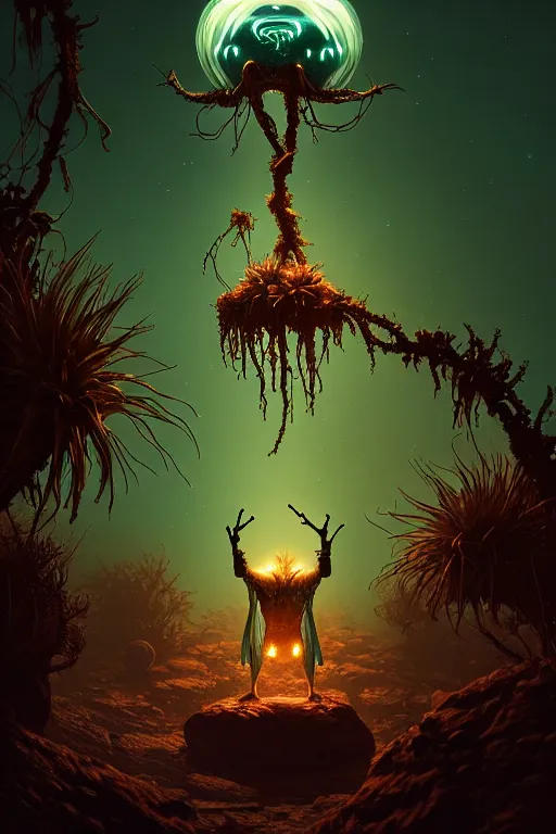 Image similar to dead god bioluminescent creature in a desert lush vegetation, warm tones, night, water reflection : : by michal karcz, daniel merriam, victo ngai and guillermo del toro : : ornate, dynamic, particulate, intricate, elegant, highly detailed, centered, artstation, smooth, sharp focus, octane render, 3 d