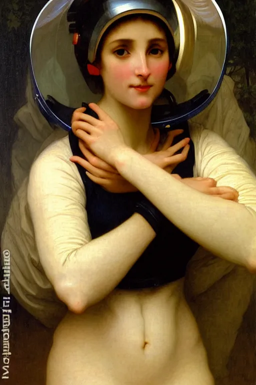 Prompt: portrait of a woman in astronaut helmet an ancient human specie, by bouguereau