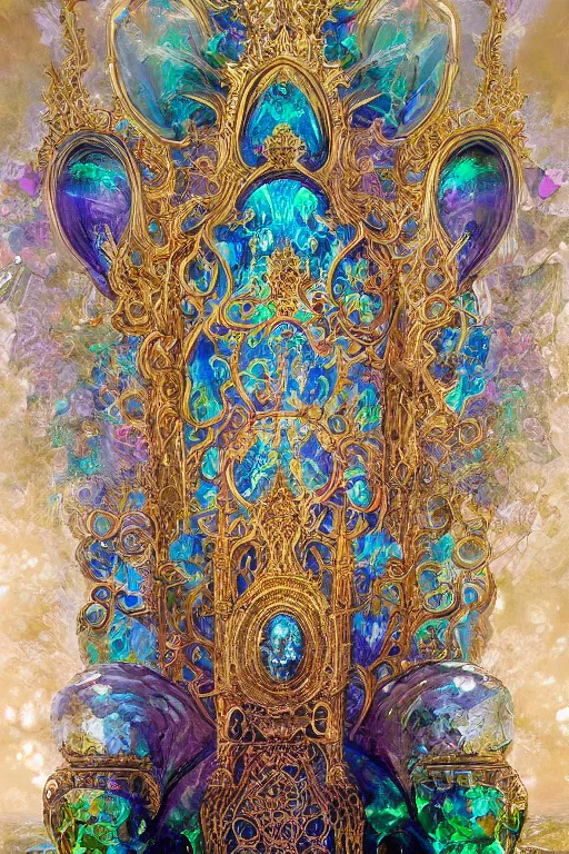 Prompt: highly detailed, intricate beautifully stunning picture of a beautiful ornate ethereal iridescent crystal throne, by disney, andrei riabovitchev, and peter mohrbacher