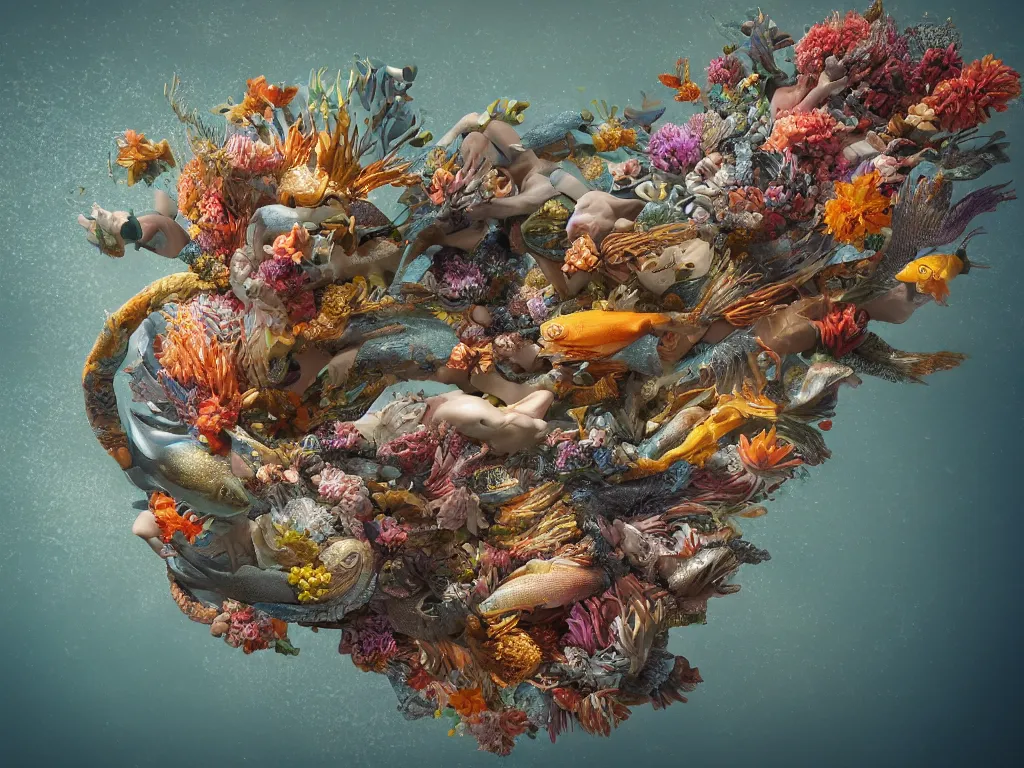 Image similar to a sculpture of fish ocean intertwined, a lovely cornucopia of flowers and human body parts, body parts, highly detailed, octane render, cinematic, shock, sharp focus, an independent sharp, clean, studio lighting