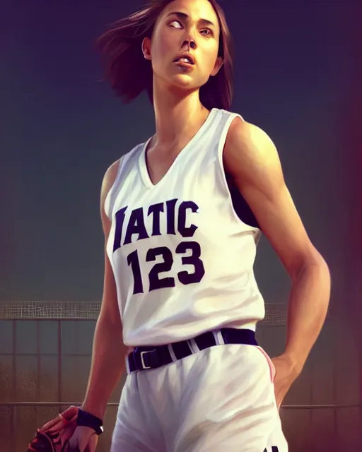 Image similar to epic portrait cinematic shot an female basketball player, white shirt, shorts, a cap, a baseball bat, stadium backround, sunny, fine details. night setting. realistic shaded lighting poster by craig mullism, artgerm, jeremy lipkin and michael garmash, unreal engine, radiant light, detailed and intricate environment, digital art, trending on art station,