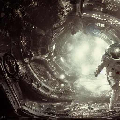 Image similar to concept art by craig mullins astronaut in futuristic dark and empty spaceship underwater. infrared complex and hyperdetailed technical suit. mandelbulb fractal. reflection and dispersion materials. rays and dispersion of light. volumetric light. 5 0 mm, f / 3 2. noise film photo. flash photography. unreal engine 4, octane render. interstellar movie art