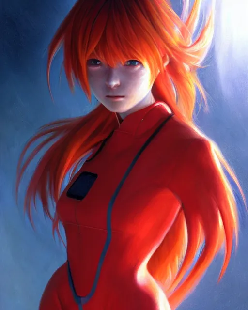 Image similar to asuka langley soryu wearing plugsuit, award winning photograph, radiant flares, realism, lens flare, intricate, various refining methods, micro macro autofocus, evil realm magic painting vibes, hyperrealistic painting by michael komarck