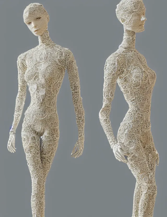 Prompt: techno - embroidered mannequin decorated with filigree and beads, safe for work, pastel color scheme, by award - winning concept artist, dynamic composition, backlighting, radiant light