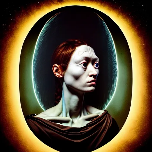 Prompt: Colour Caravaggio style Photography of Beautiful woman with highly detailed 1000 years old face wearing higly detailed sci-fi halo over her head designed by Josan Gonzalez. Many details . In style of Josan Gonzalez and Mike Winkelmann andgreg rutkowski and alphonse muchaand and Caspar David Friedrich and Stephen Hickman and James Gurney and Hiromasa Ogura. volumetric natural light