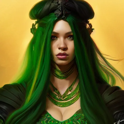 Image similar to black aristocrat, green black orange color palette, female, d & d, fantasy, intricate, elegant, highly detailed, long green hair, digital painting, artstation, octane render, concept art, matte, sharp focus, illustration, hearthstone, art by artgerm, alphonse mucha johannes voss