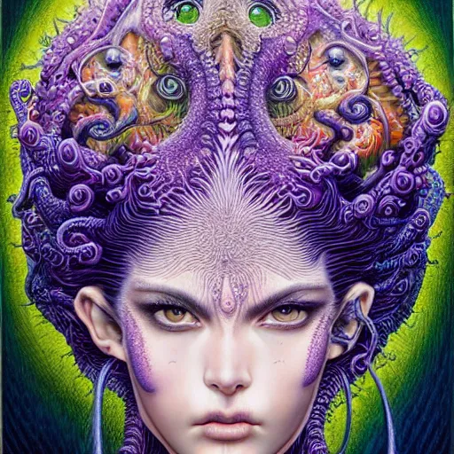 Prompt: purple - eyed girl with tentacles on her head, photo - realistic, face enhanced, detailed and intricate by alex grey, lisa frank, ayami, kojima, amano, karol bak, greg hildebrandt, mark brooks, beksinski, takato yamamoto