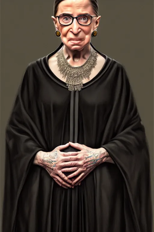 Image similar to pregnant ruth bader ginsburg in a thin black robe, realistic portrait, symmetrical, highly detailed, digital painting, artstation, concept art, smooth, sharp focus, illustration, cinematic lighting, art by artgerm and greg rutkowski and alphonse mucha