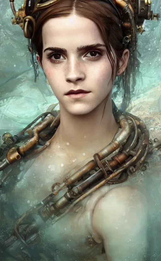 Image similar to underwater steampunk biopunk portrait of emma watson, au naturel, hyper detailed, digital art, trending in artstation, cinematic lighting, studio quality, smooth render, unreal engine 5 rendered, octane rendered, art style by klimt and nixeu and ian sprigger and wlop and krenz cushart.