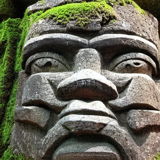 Prompt: MS-DOS style pixel art of an imposing olmec head carved into a mossy stone wall with ornate incan patterns