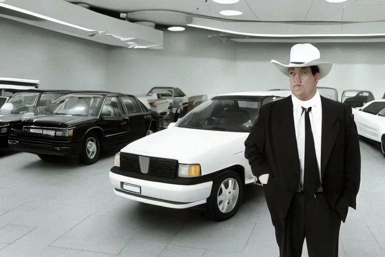 Prompt: cinematic still of portly clean-shaven white man wearing suit and necktie and boater hat at car dealership in 1994 film, XF IQ4, f/1.4, ISO 200, 1/160s, 8K, RAW, dramatic lighting, symmetrical balance, in-frame