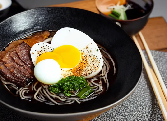 Image similar to dslr food photograph of tankatsu black ramen with a soft boiled egg, 8 5 mm f 1. 8