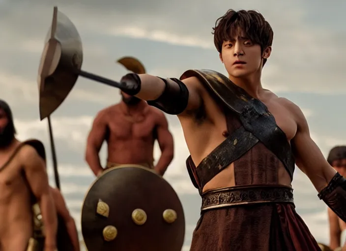 Image similar to film still of jungkook as leonidas in 3 0 0 movie, 8 k