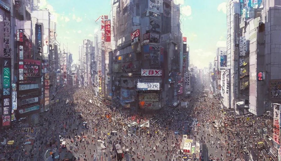 Image similar to shibuya tokyo on a beautiful day, trending on pixiv fanbox, painted by greg rutkowski makoto shinkai takashi takeuchi studio ghibli