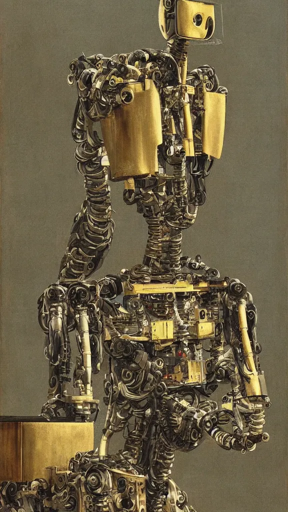 Image similar to robot painting a robot on canvas, intricate, highly detailed, photorealistic, film still, by hans thoma.