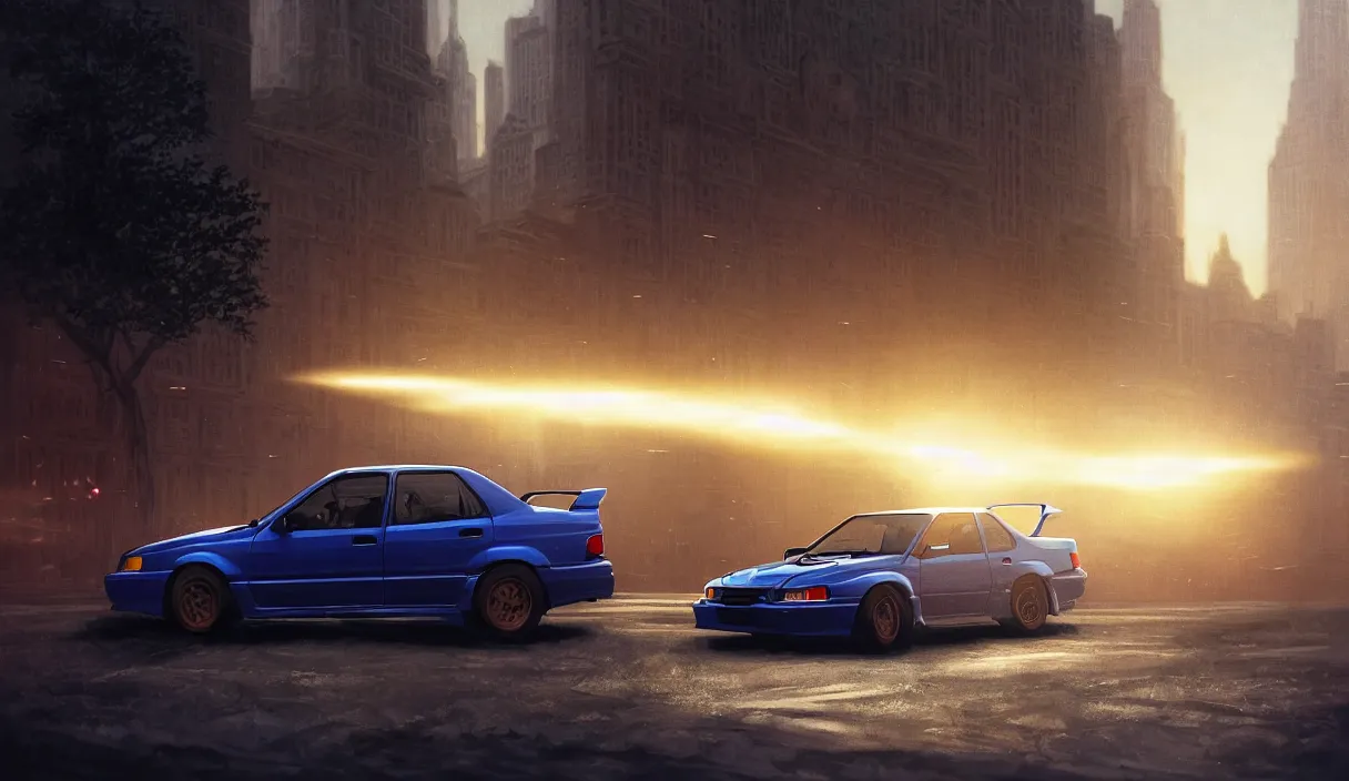 Image similar to detailed intricate digital landscape illustration by greg rutkowski and artgerm and wlop and sanford robinson gifford ; 1 9 9 4 subaru wrx sti driving in a beautiful windy city with bright headlights ; 5 0 mm film still, arri alfa anamorphic lens ; sharp focus, quentin tarantino compostion and lighting ; trending on artstation 4 k
