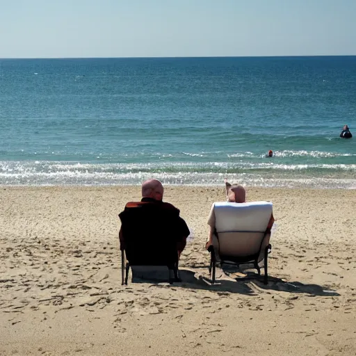 Prompt: walter white and ironman sitting on the beach