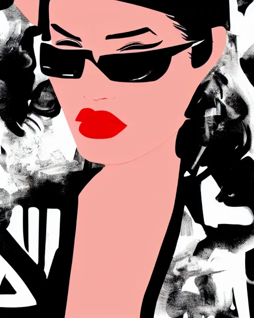 Prompt: dream of a film still from sin city, closeup portrait of film noir angry megan fox private detective wearing a hat and sunglasses, china town, glamour pose, detailed illustration, digital art, trending on artstation, patrick nagel, graffiti, gta v,